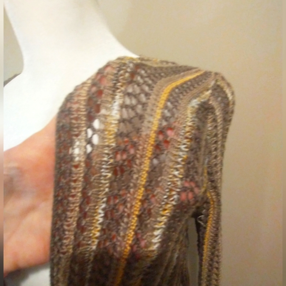 Nic +Zoe  Crochet Gold And Taupe  Cardigan With Tie Front - Picture 3 of 11